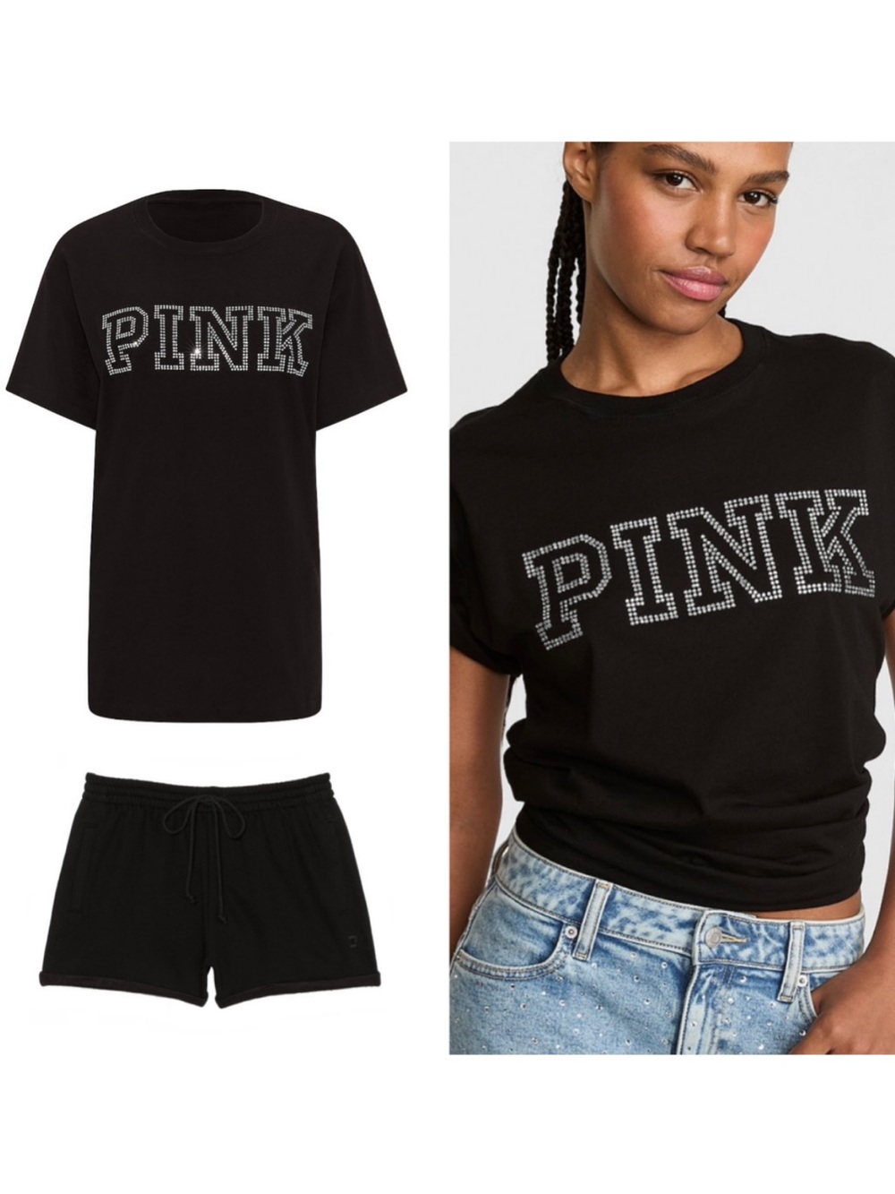 PINK Victoria's Secret Black Bling Diamanté Logo Campus Tee & Fleece Shorts XL